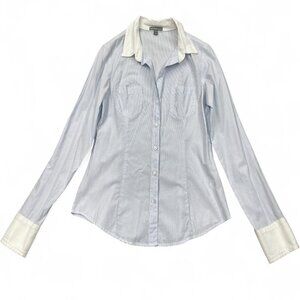 James Perse Blue Pin Stripe White Trim Button Distressed Look Top Shirt Size 3